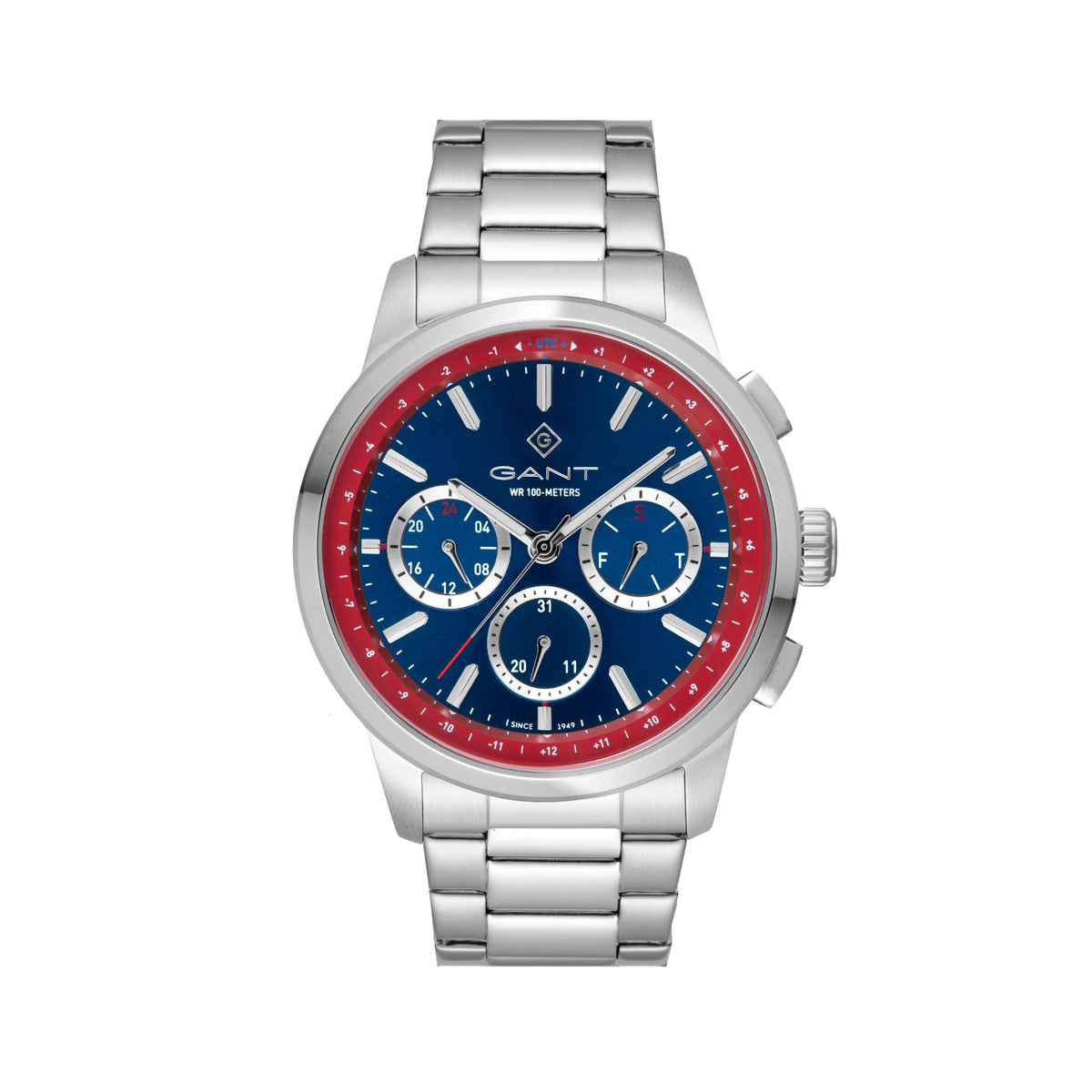 Men's steel chronograph watch with red-and-blue bezel, blue dial, and three subdials on bracelet.