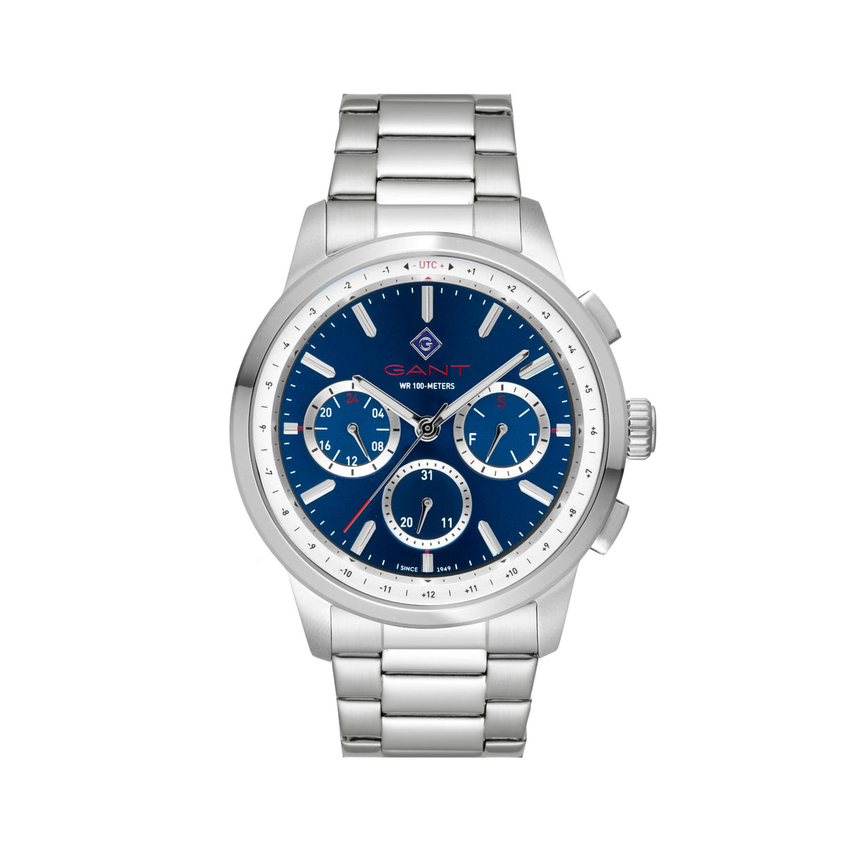 Men's steel chronograph watch with blue dial and three subdials, link bracelet