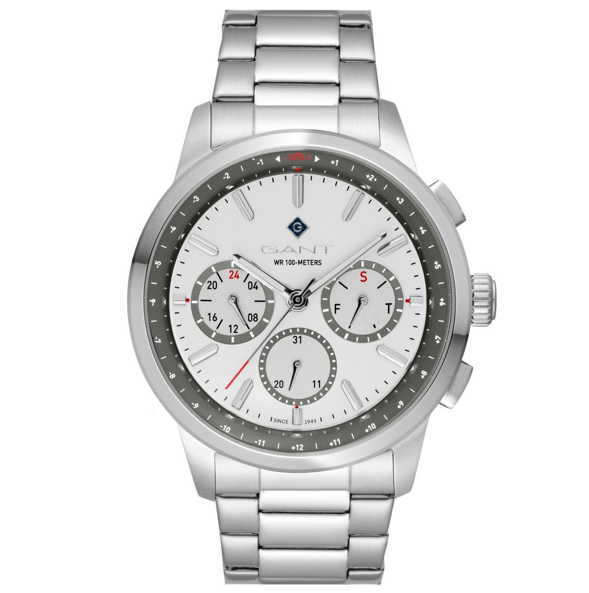 Men's steel chronograph quartz watch with white dial, subdials, and metal bracelet.