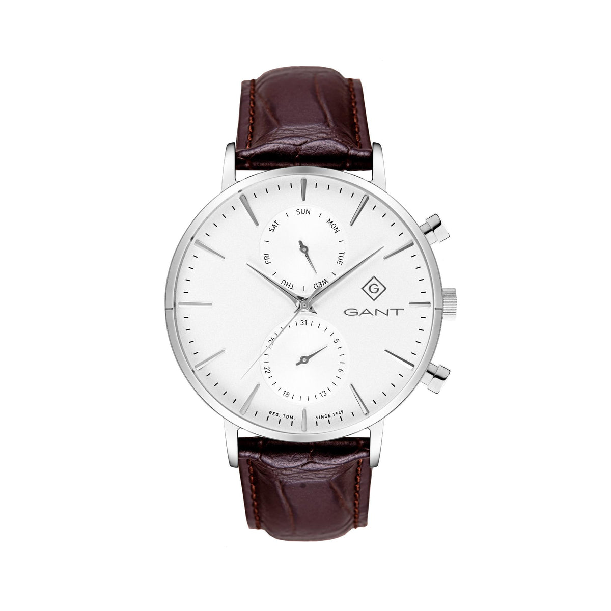 Men's quartz chronograph watch with white dial and brown leather strap, silver bezel