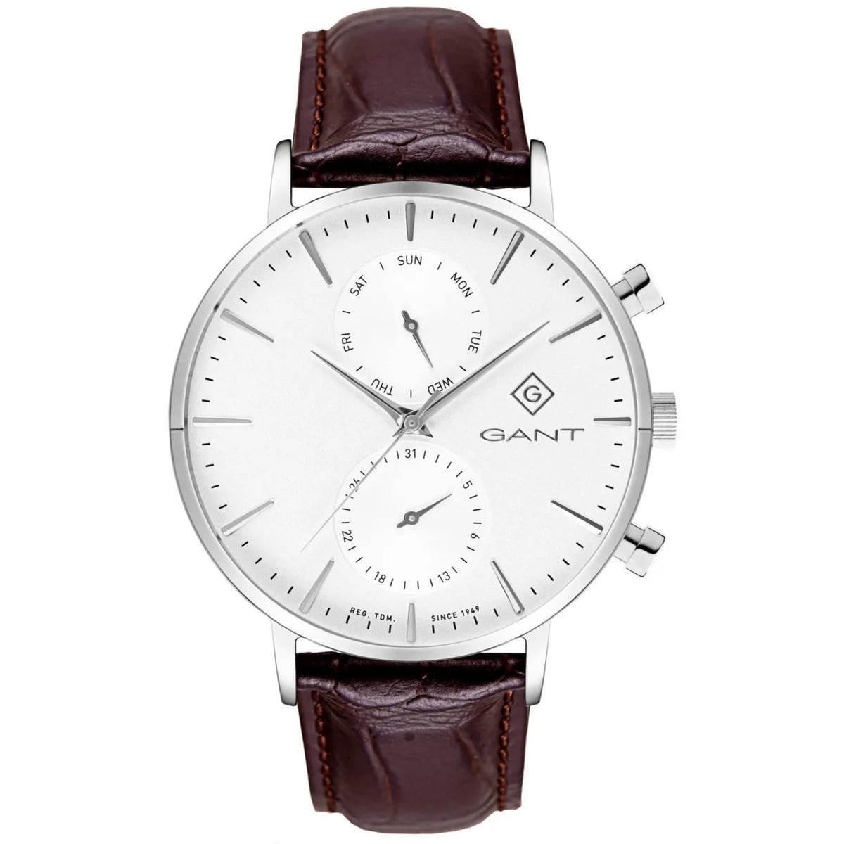 Men's quartz chronograph watch, white dial, brown leather strap, silver case with pushers