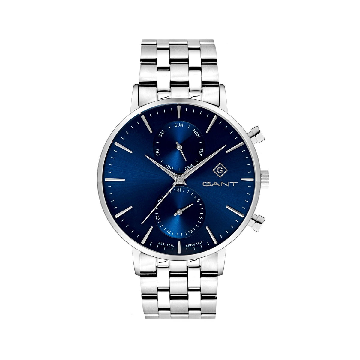 Men's blue dial chronograph watch on silver metal bracelet with subdials and baton markers