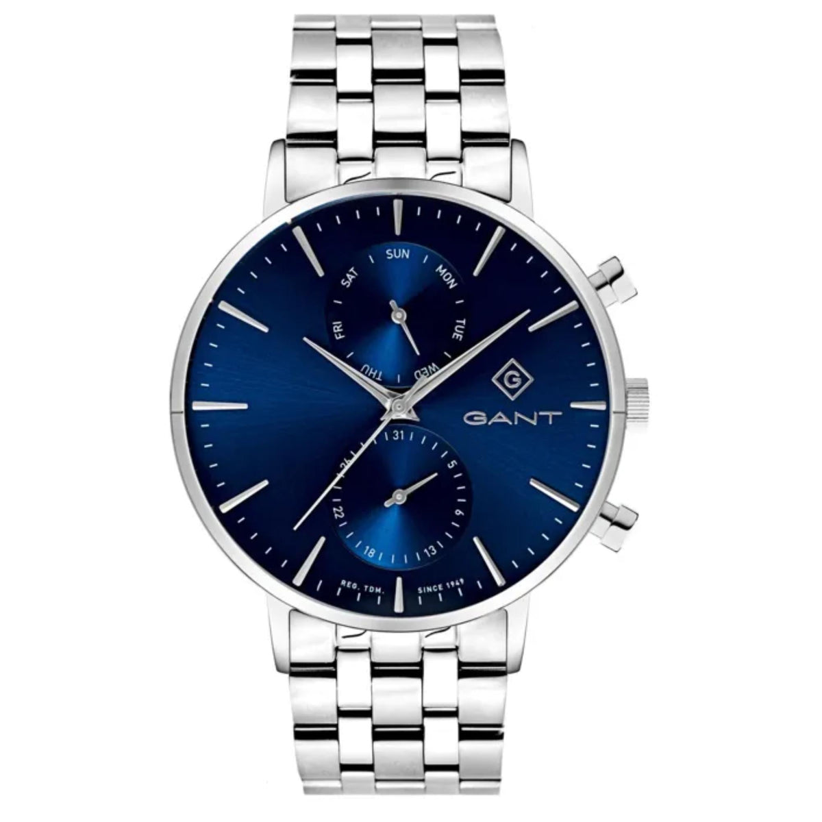 Gant men's steel chronograph watch with deep blue dial, baton hour markers, subdials