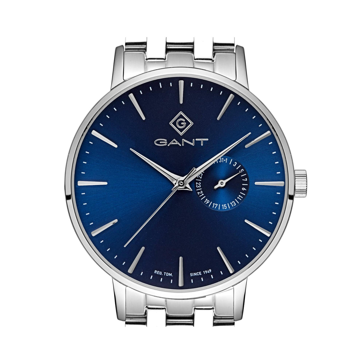 Men's stainless steel bracelet watch with deep blue dial and silver subdial near 3 o'clock