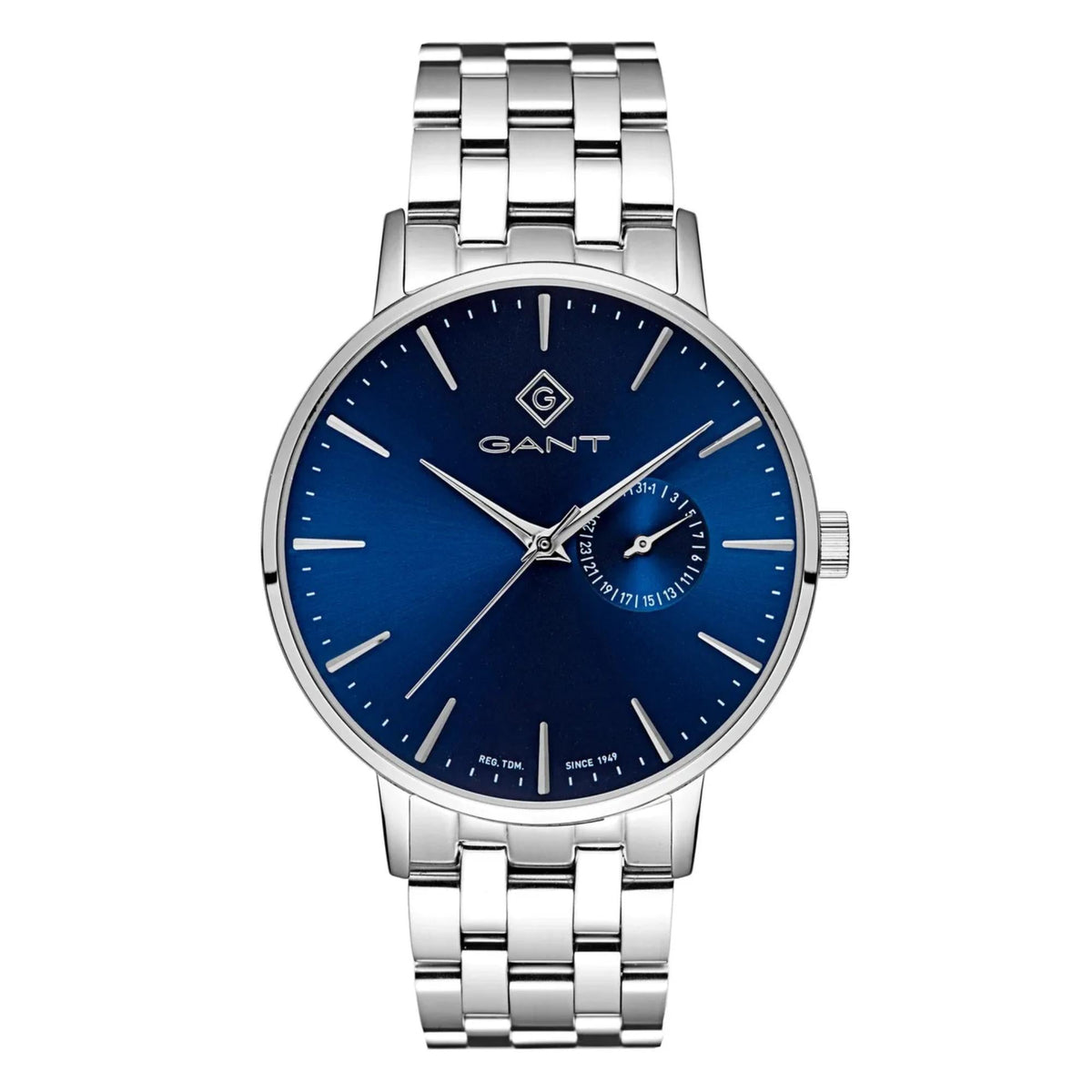 Men's stainless steel bracelet wristwatch with blue face, silver hour markers and crown