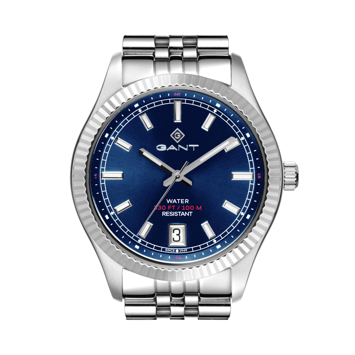 Steel men's quartz watch with blue dial, ridged bezel, and date window at 3