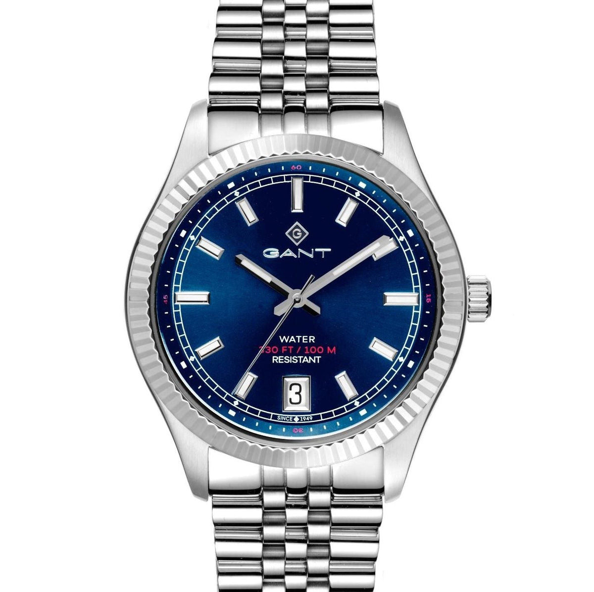 Quartz men's watch with blue face, silver bezel, three-hand layout, and date at 3