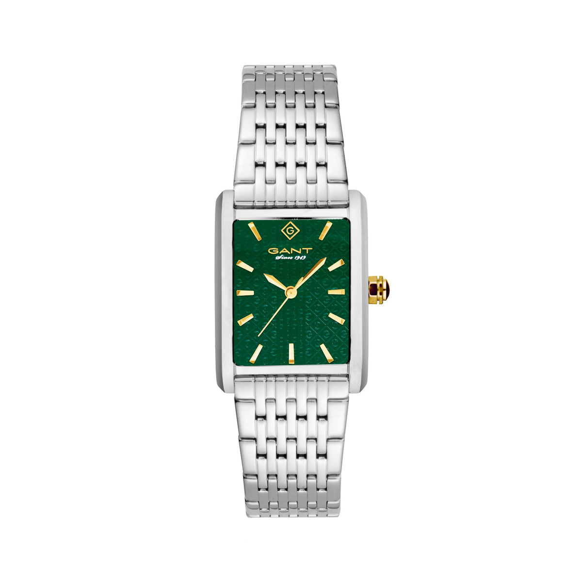 Ladies steel quartz watch with green dial, gold indices and gold hands