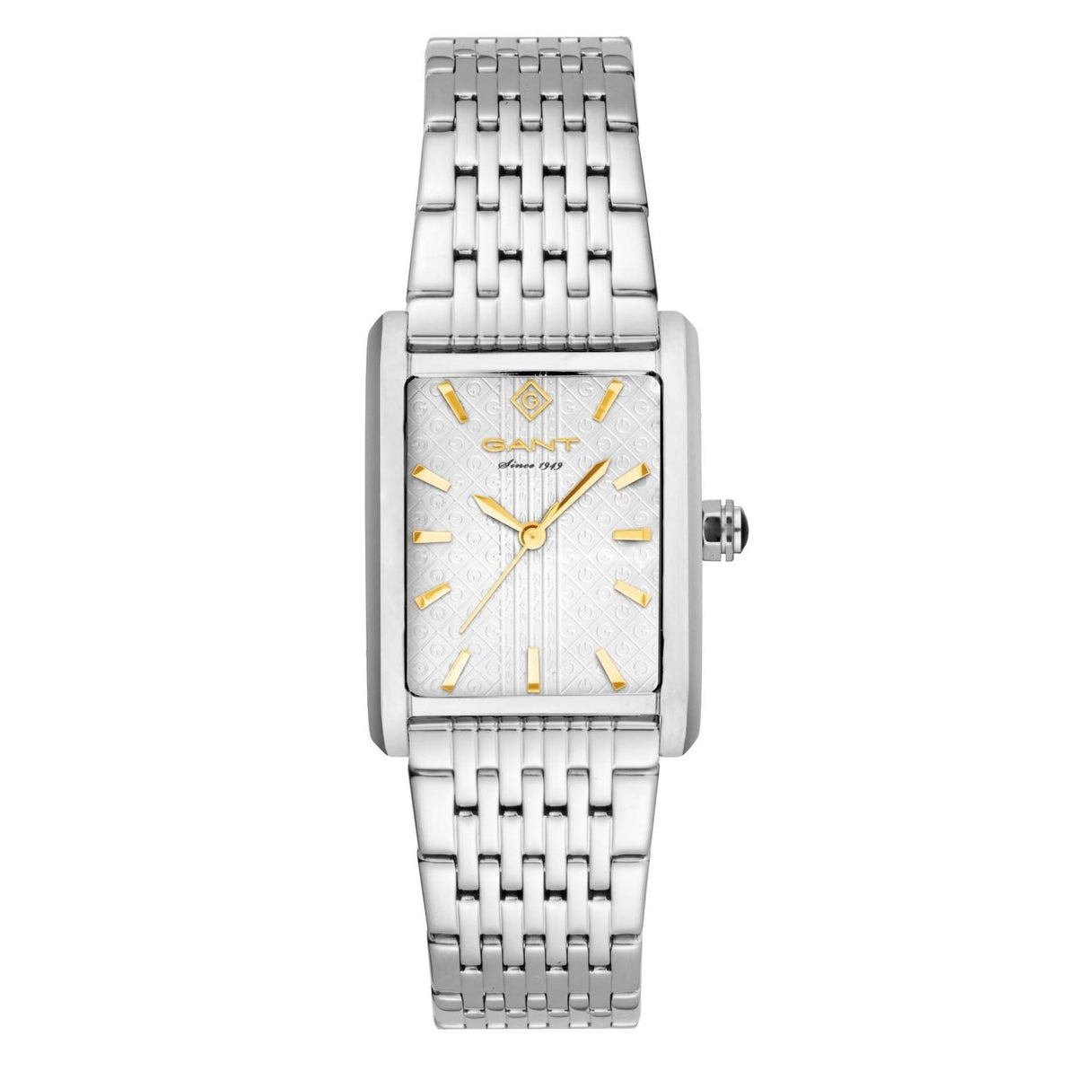 Ladies rectangular steel watch with link bracelet, white face and gold dial accents