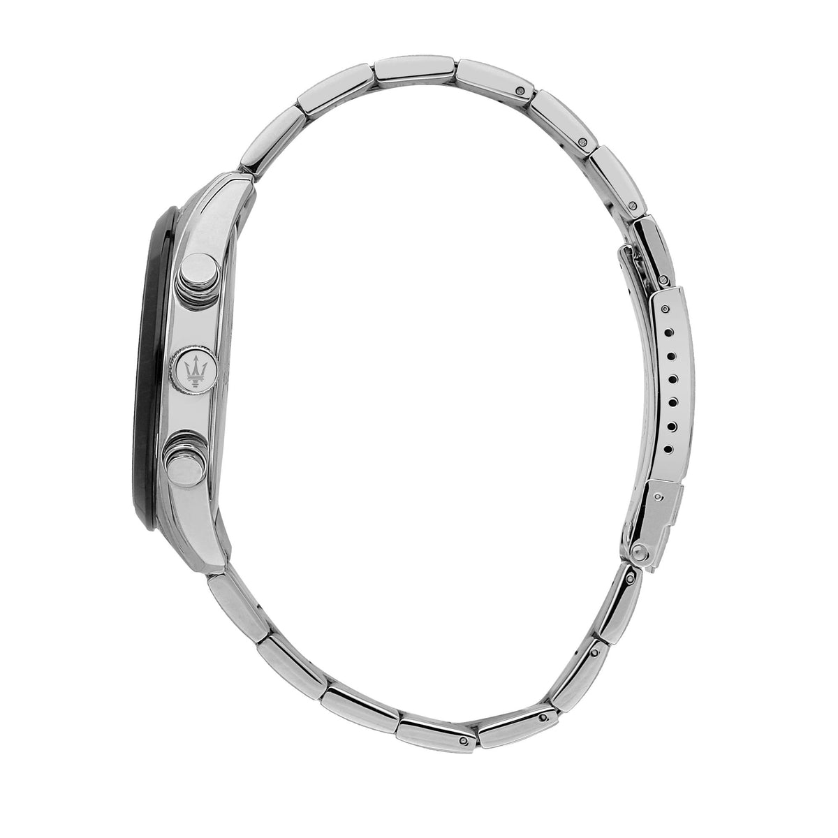 Maserati steel chronograph watch other side view with crown details and link bracelet