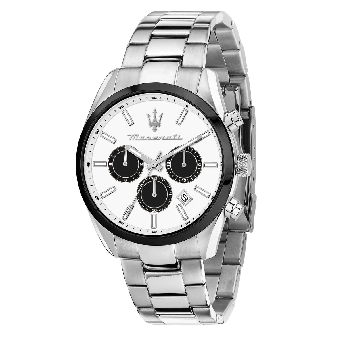 Maserati steel chronograph watch front view, white dial, black subdials, metal bracelet