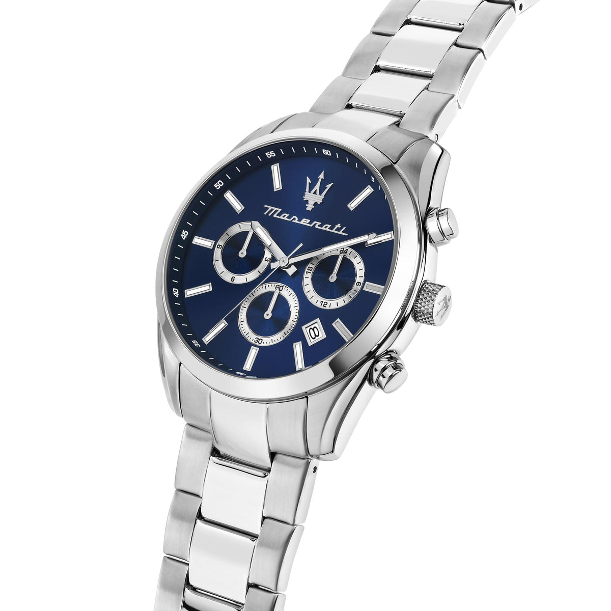 Angled view men's steel bracelet chronograph watch with blue dial and subdials