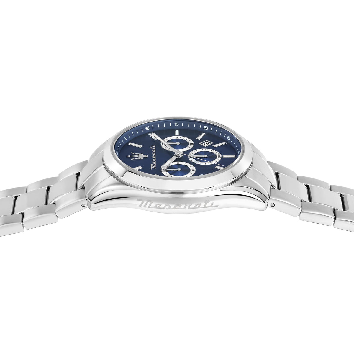 Close-up of blue chronograph dial with Maserati logo and large 69 graphic