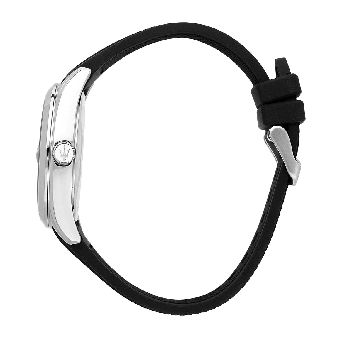 Men's black silicone strap watch, curved silver case and black clasp loop