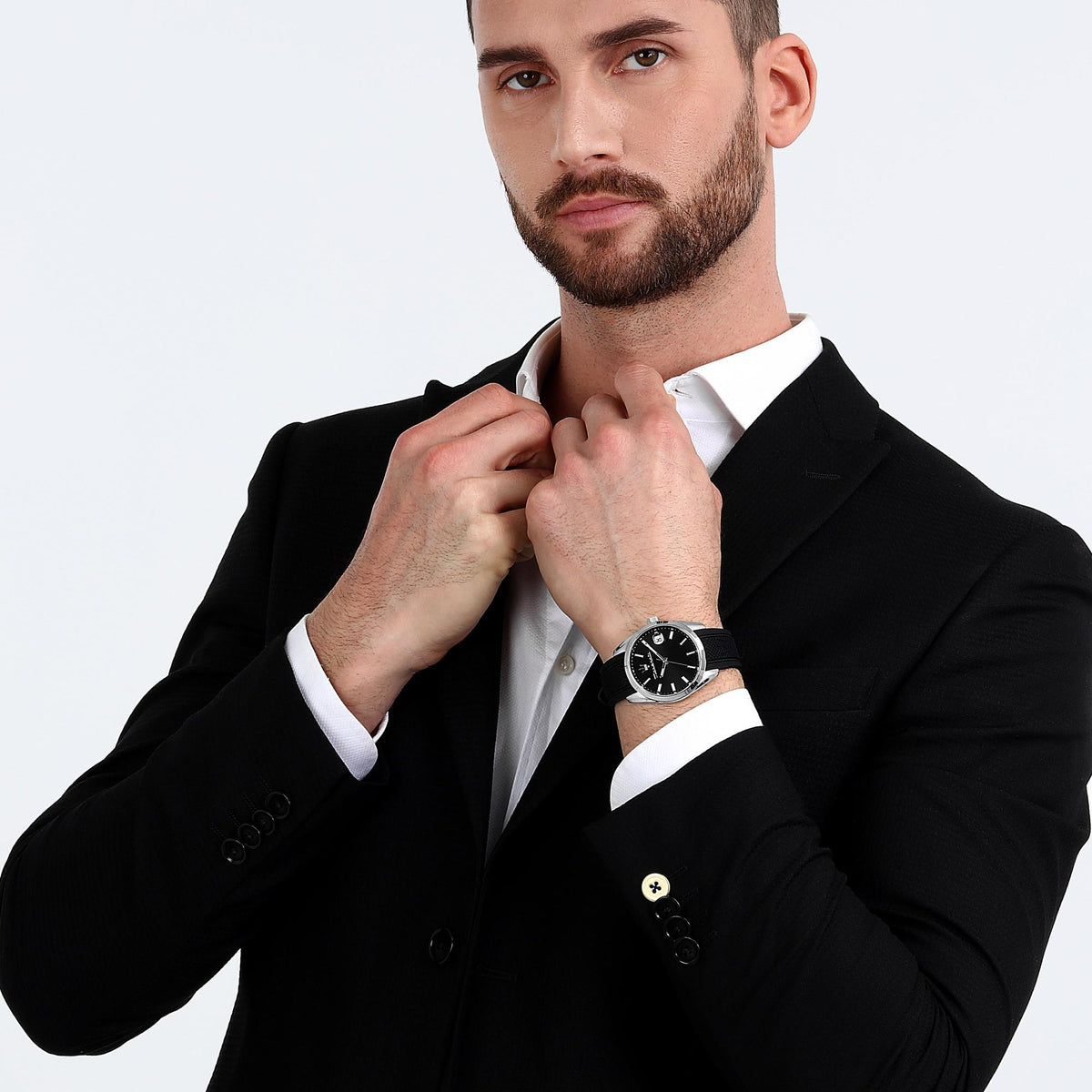 Men's Maserati quartz watch with black dial and black silicone strap, round silver case