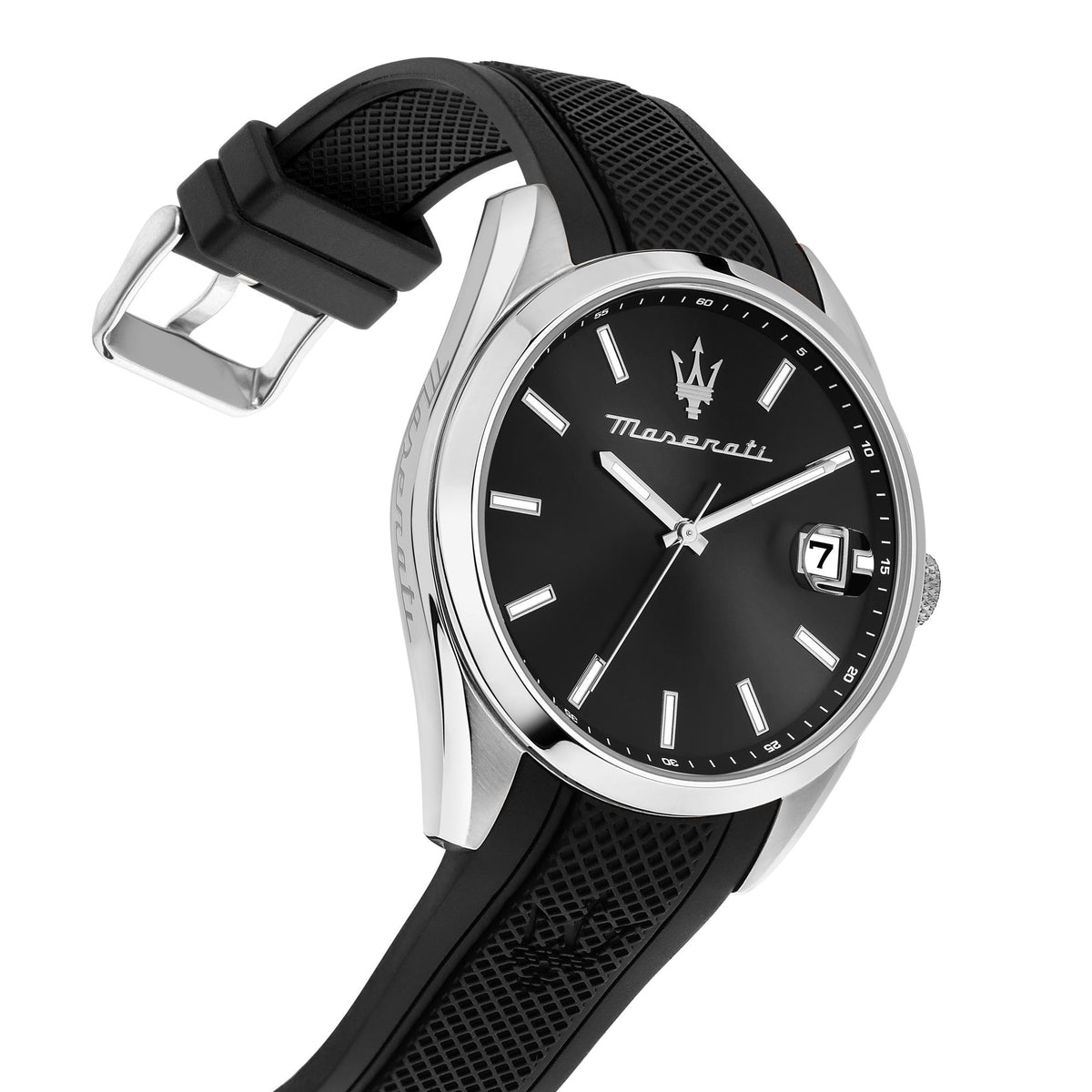 Maserati analog watch with black dial, date window, and black silicone strap with buckle