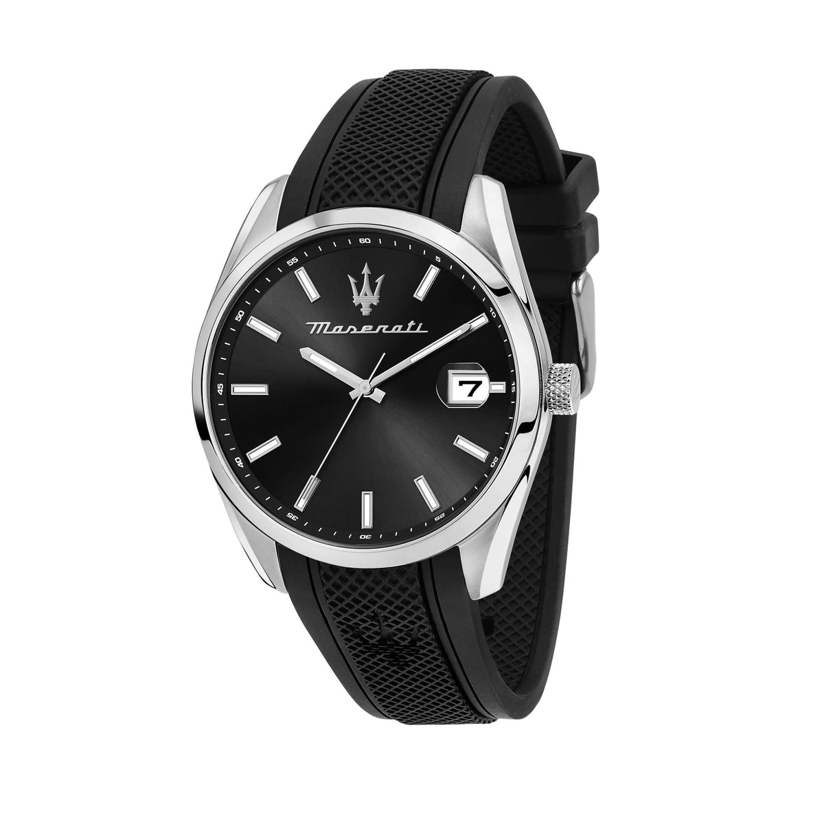 Men's quartz watch with black dial and black silicone strap, silver case and hour markers
