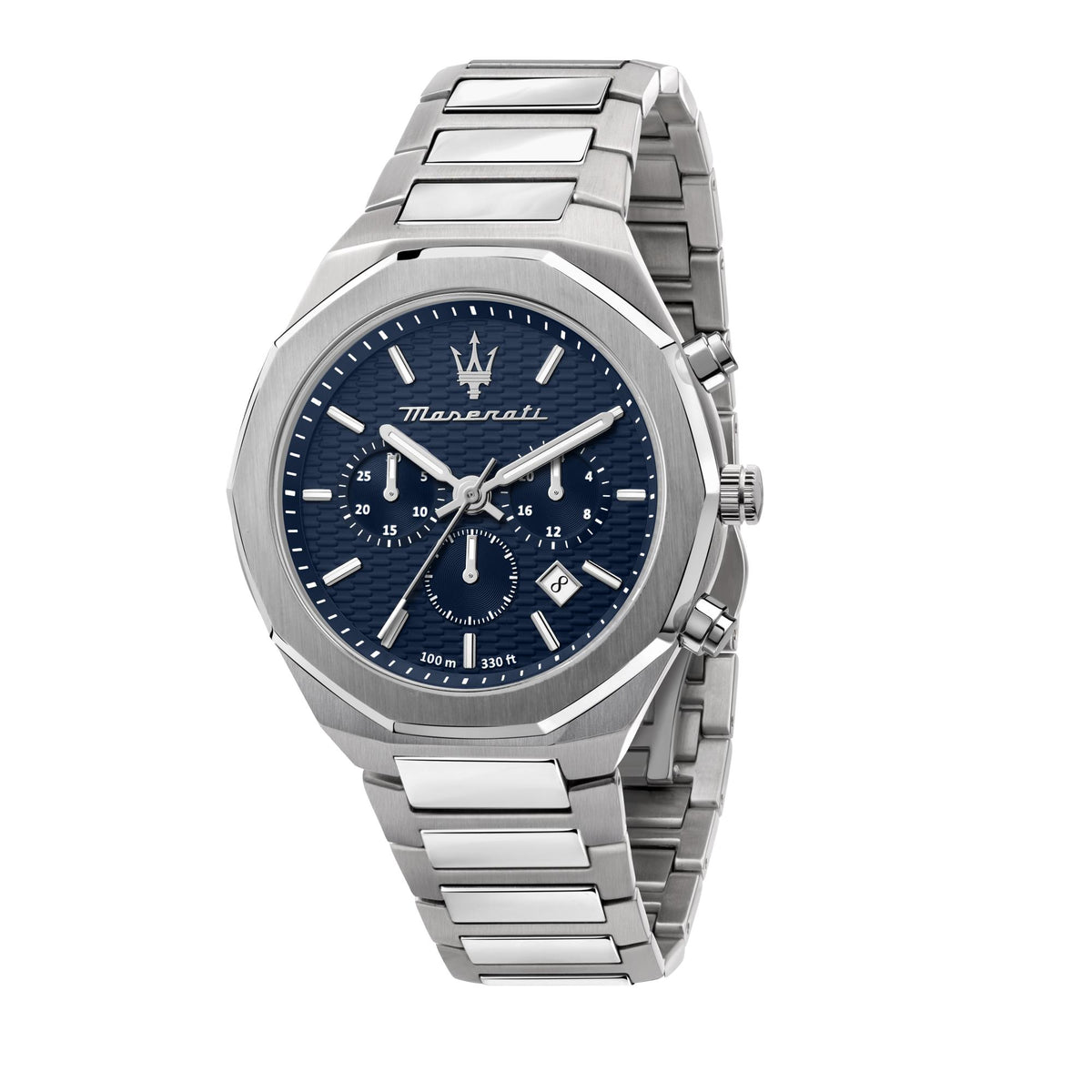 Front view of men's steel Maserati chronograph watch with blue dial and subdials.