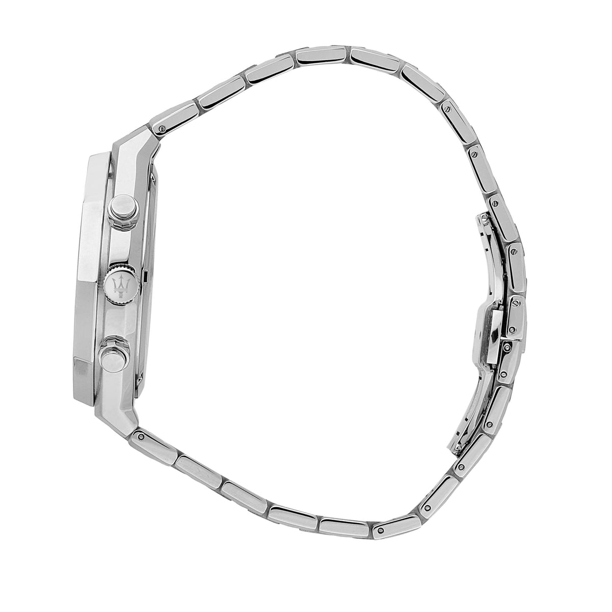 Side view of stainless steel chronograph watch with crown and steel bracelet.