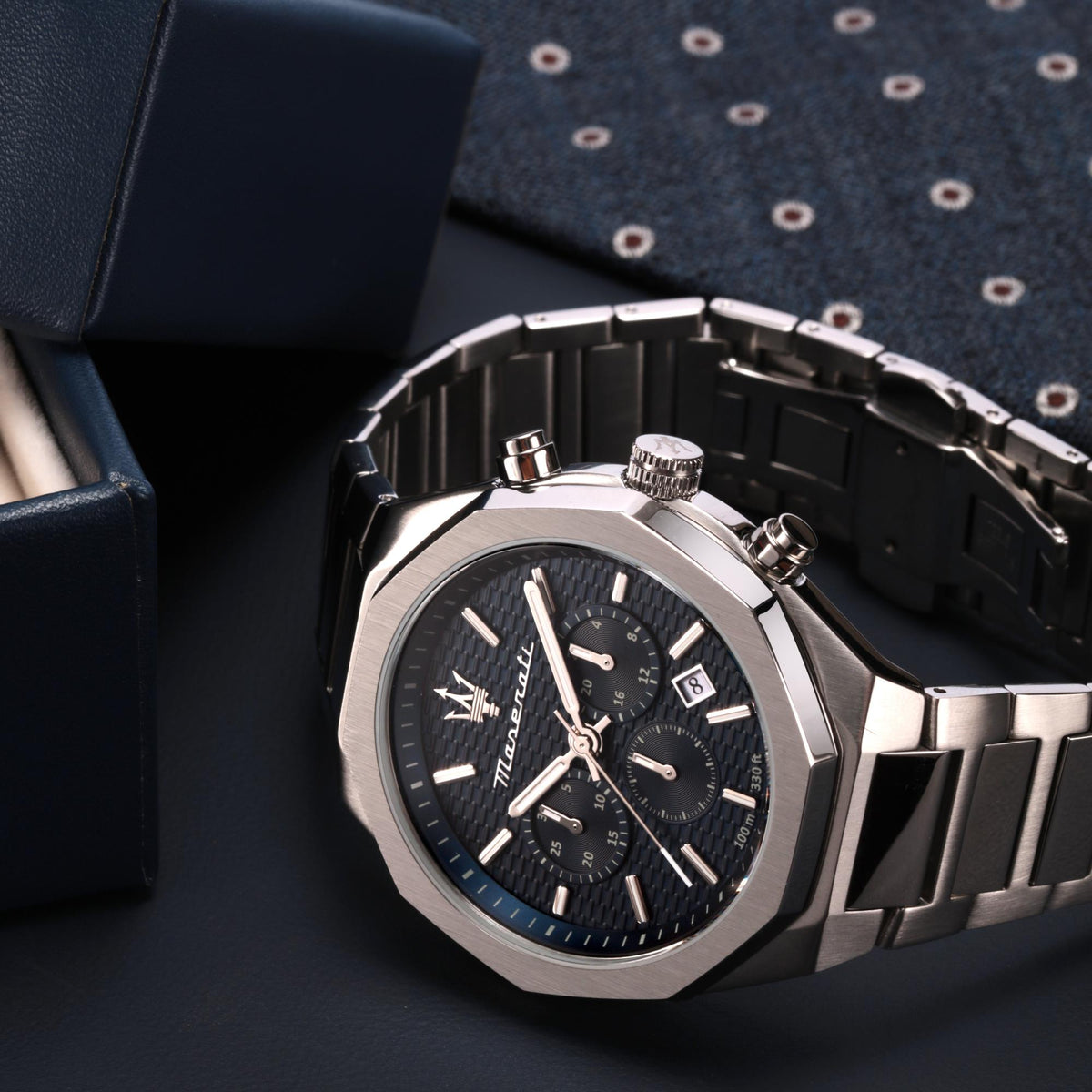 Maserati steel bracelet watch with blue chronograph dial and side pushers