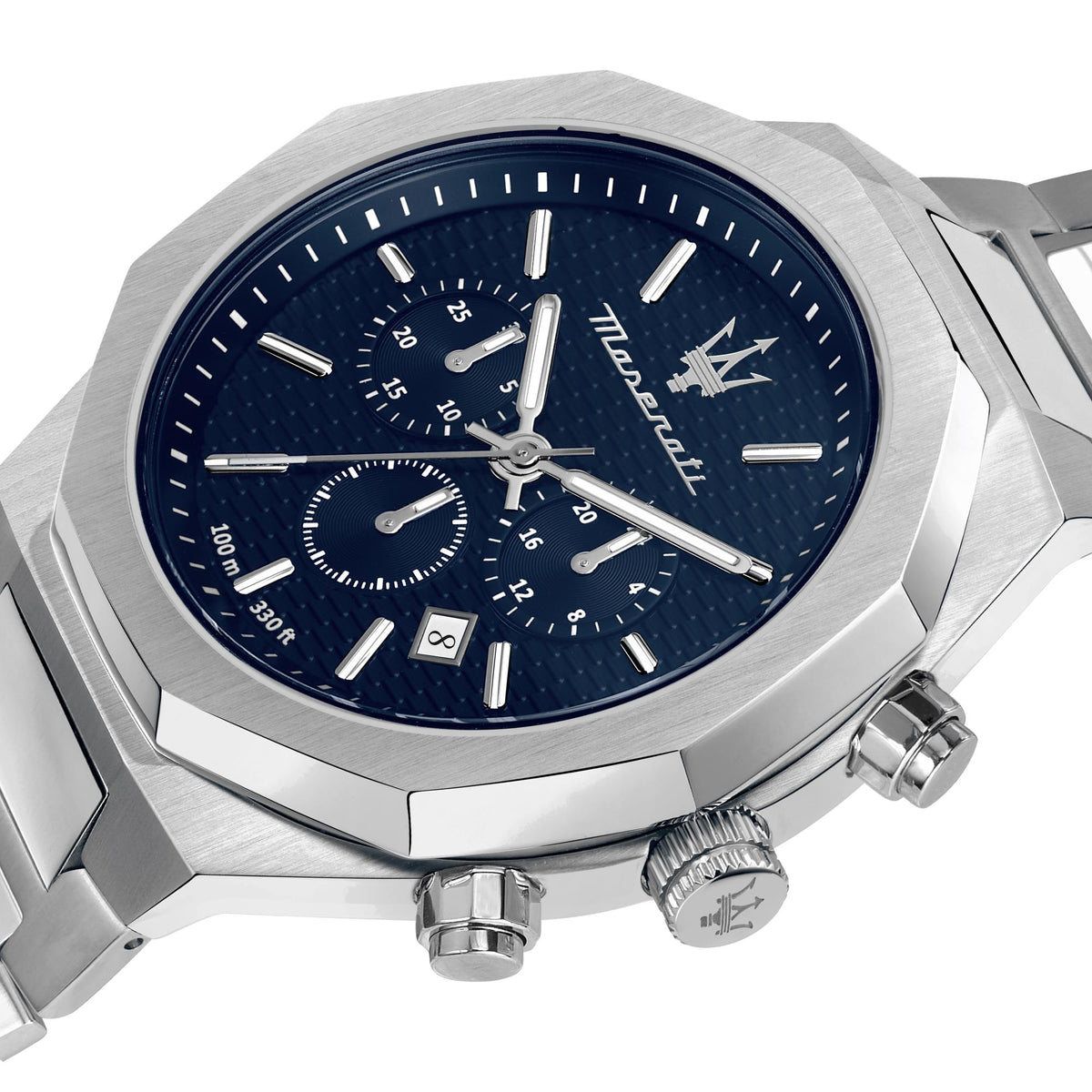 Maserati blue chronograph dial watch with silver case, subdials, and steel bracelet