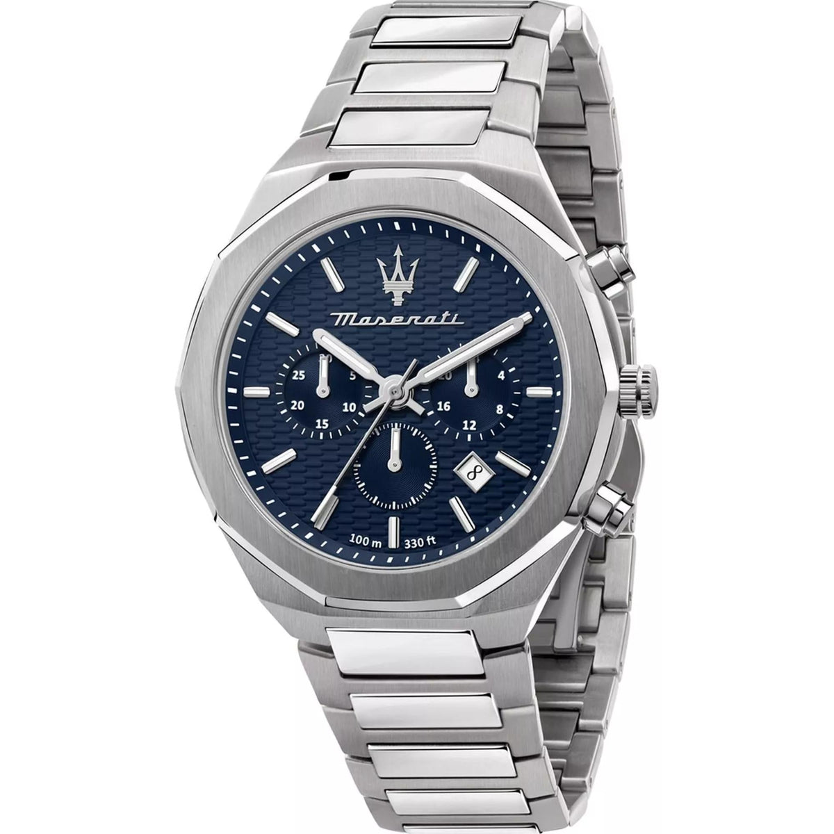 Close front view of men's steel Maserati chronograph watch with blue dial.