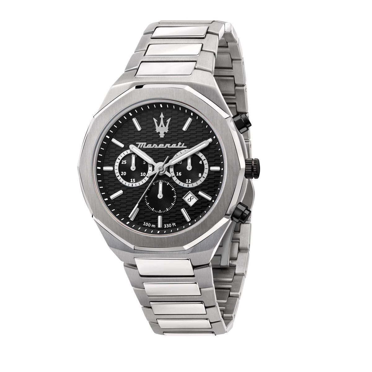 Maserati men’s chronograph watch front view, black dial with three subdials and steel links