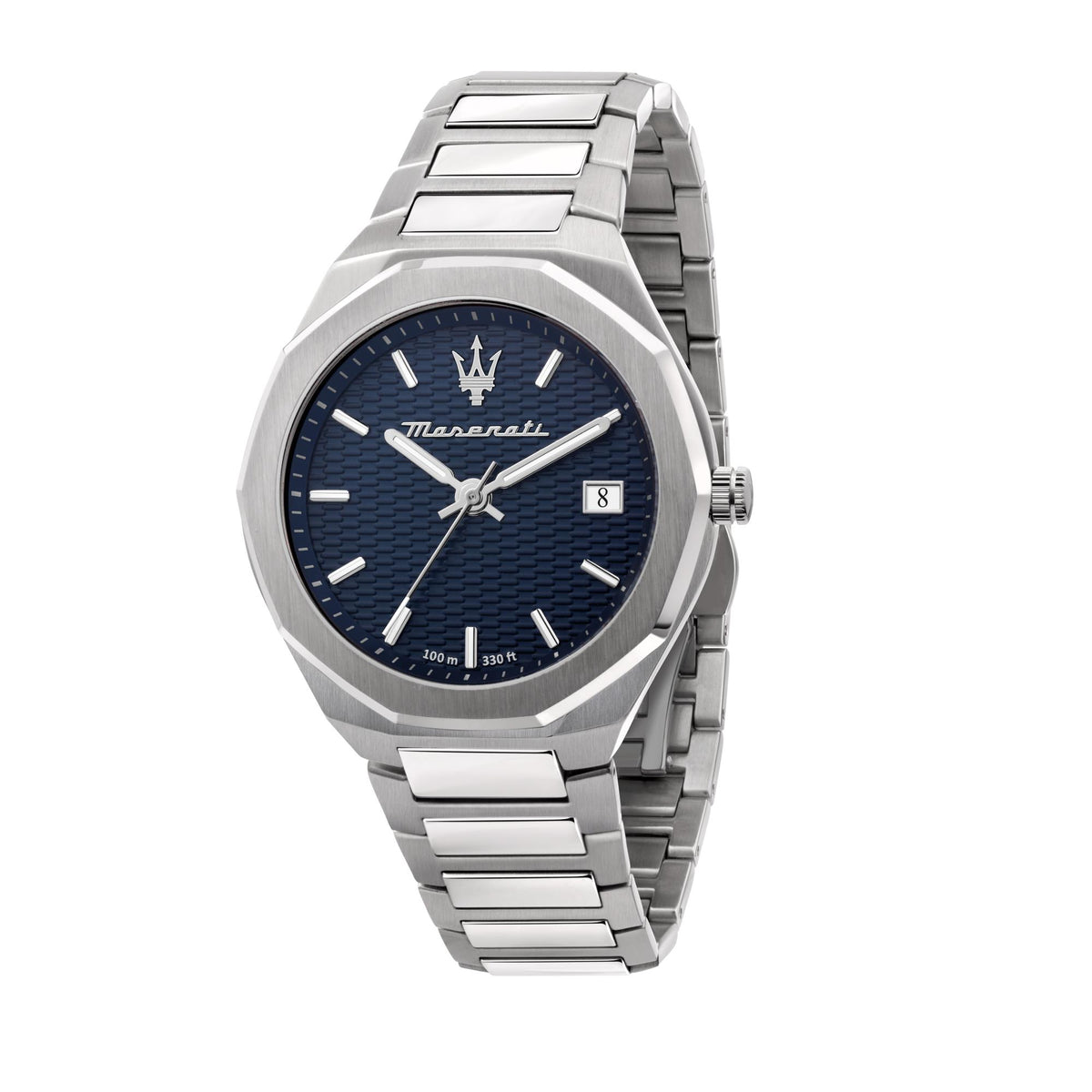Men's steel quartz watch with blue dial and silver link bracelet, date at 8