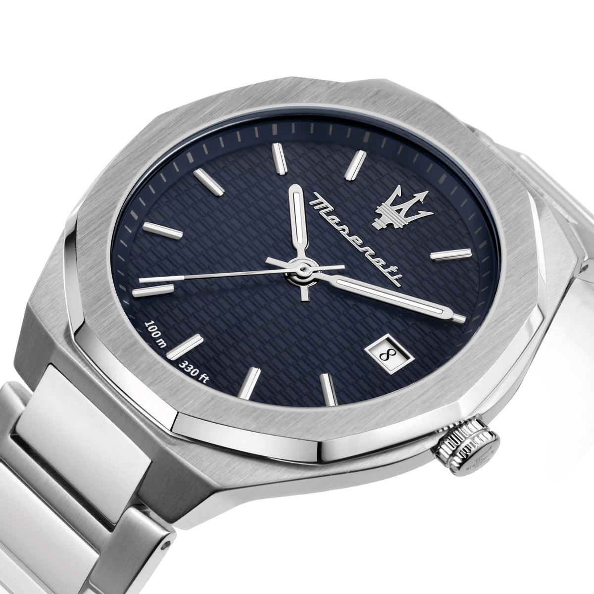 Angle view of Maserati Quartz watch: brushed case, dark blue dial, baton markers, date