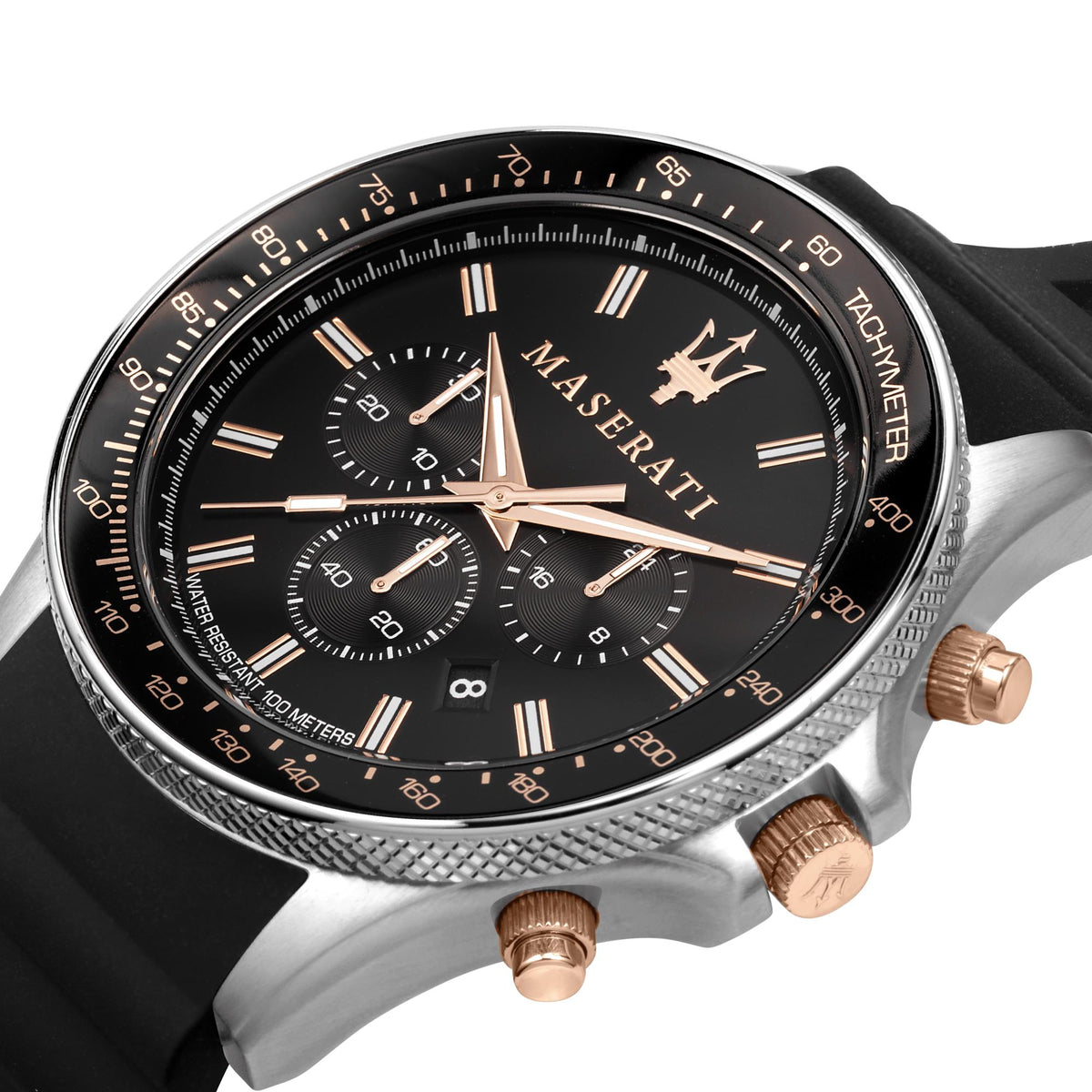 Men's Maserati chronograph watch close-up with black dial, rose-gold markers, black strap