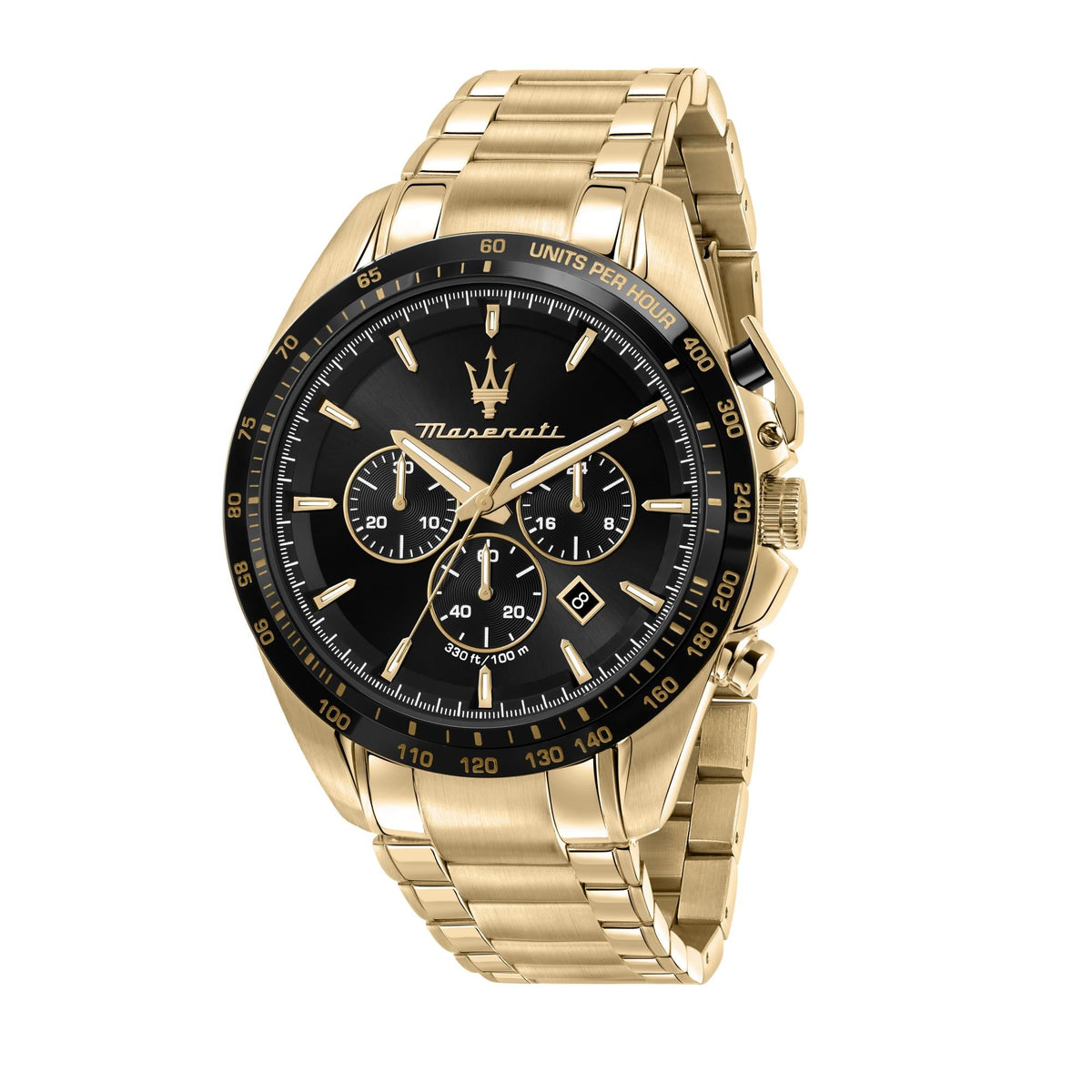 Maserati men's quartz chronograph watch with gold bracelet, black dial and subdials