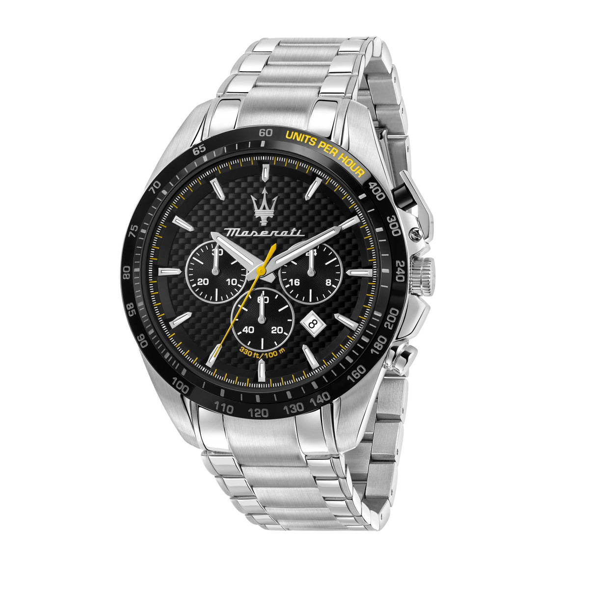 Men's Maserati quartz chronograph watch, black dial with yellow highlights, steel bracelet.