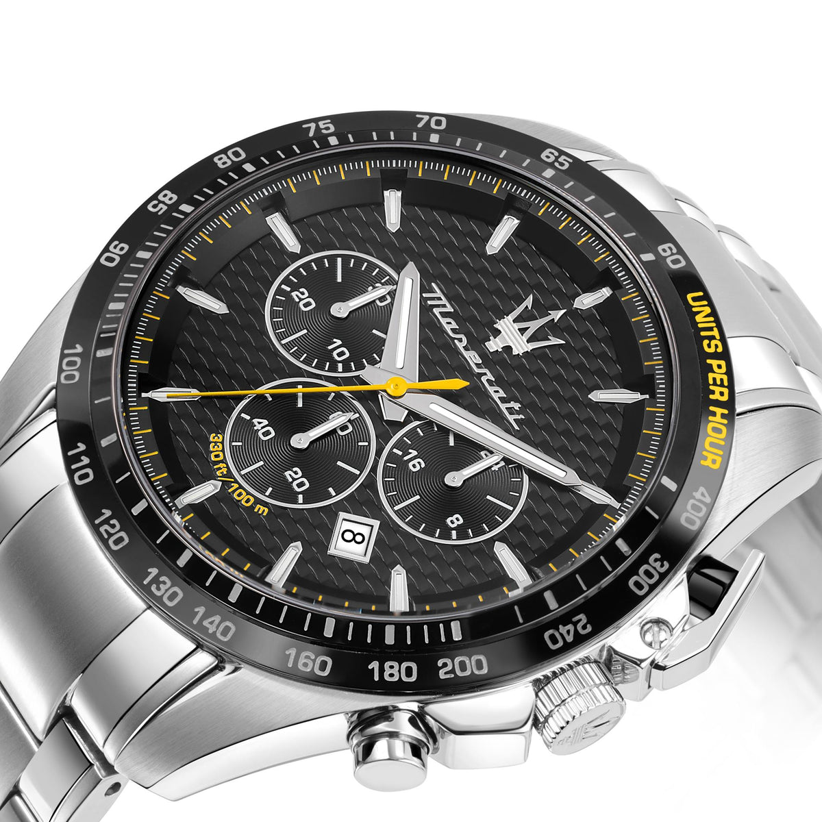 Steel chronograph watch with textured black dial, three subdials, and yellow accents
