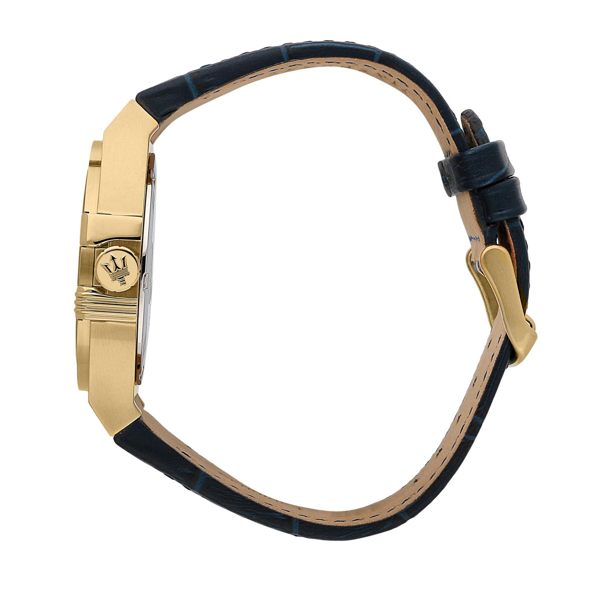 Men's Maserati quartz watch side view with blue leather strap and gold-tone case