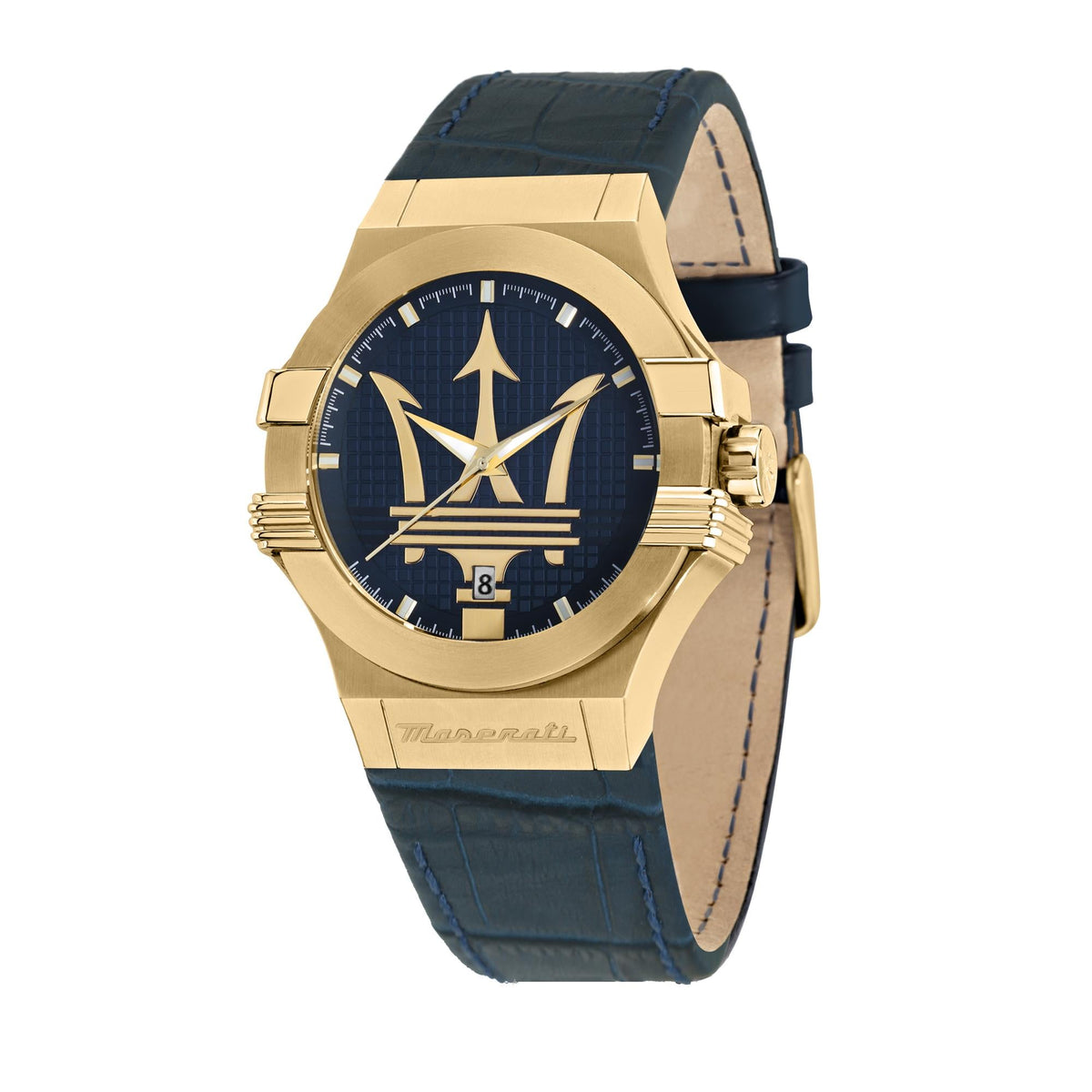 Men's Maserati quartz watch three-quarter view with blue dial and blue leather strap