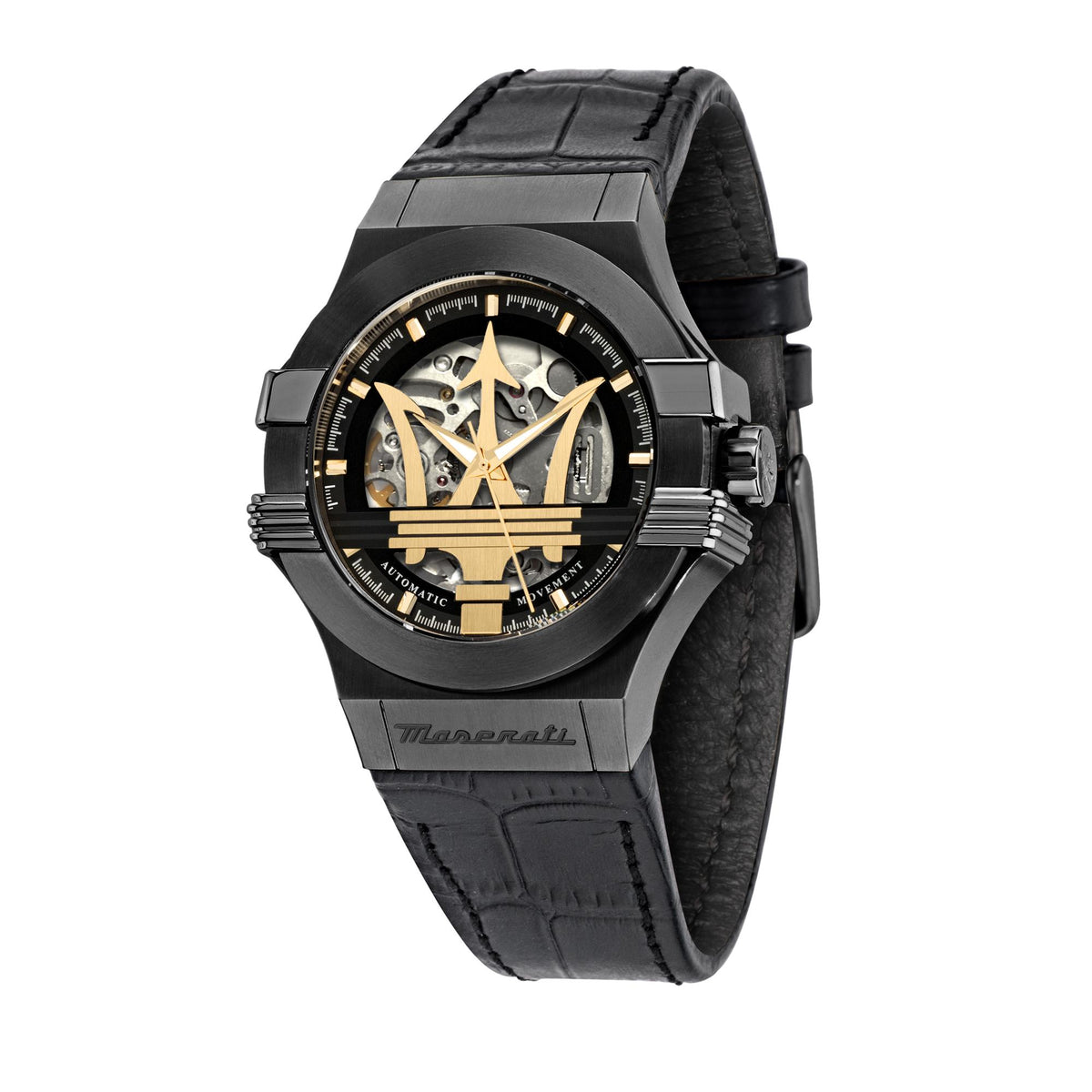 Men's black leather skeleton dial quartz watch with openwork face and gold hour markers
