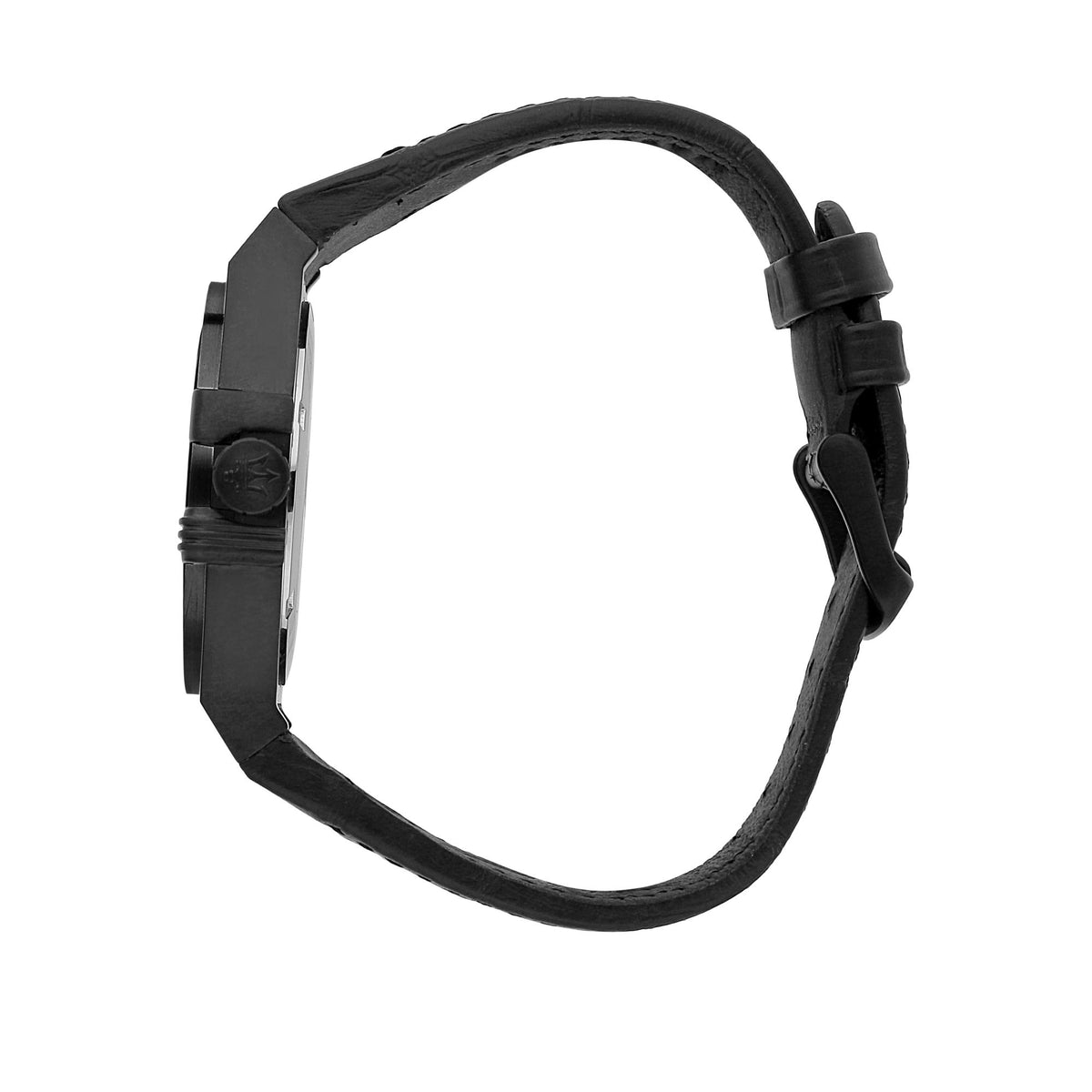 Men's black leather watch strap with buckle, side view
