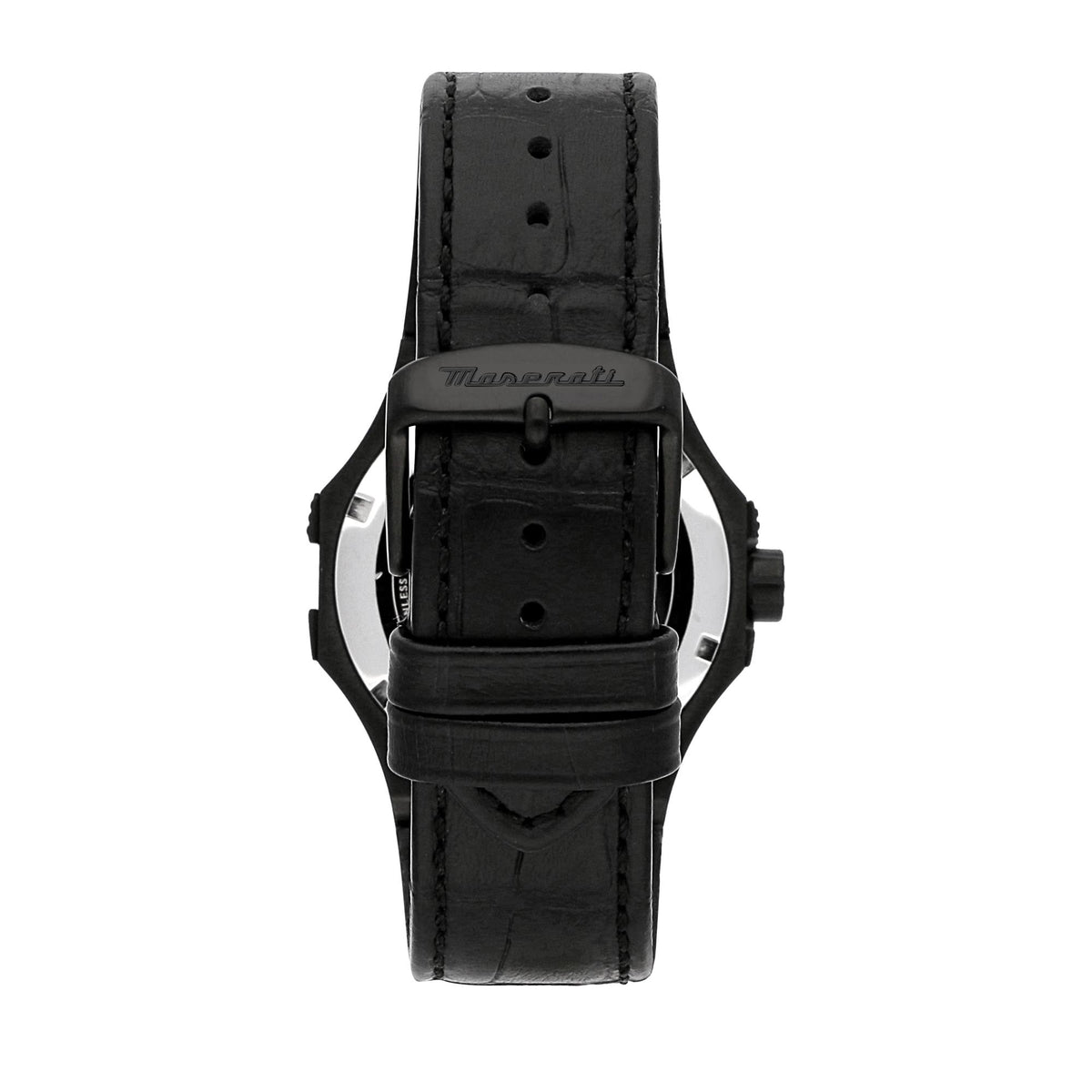 Men's black leather watch with caseback view and crown, strap with stitch details
