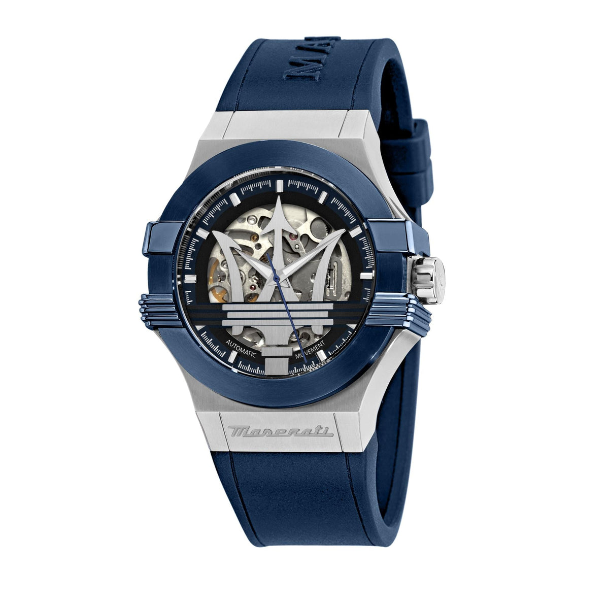 Men's skeleton quartz watch with blue silicone strap and stainless steel bezel