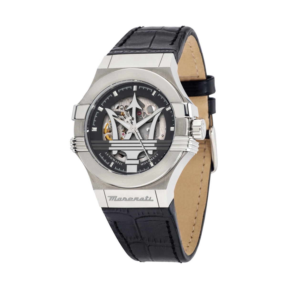 Men's Maserati Potenza watch front view, black leather strap, skeleton dial, silver case