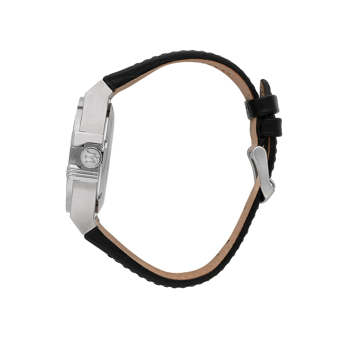 Men's Maserati watch side view, black leather strap with silver clasp