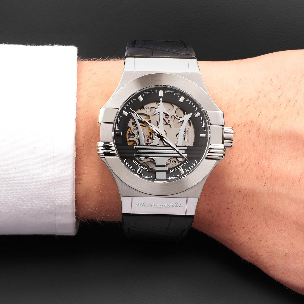 Maserati Potenza quartz skeleton dial watch on black leather strap, worn on wrist.