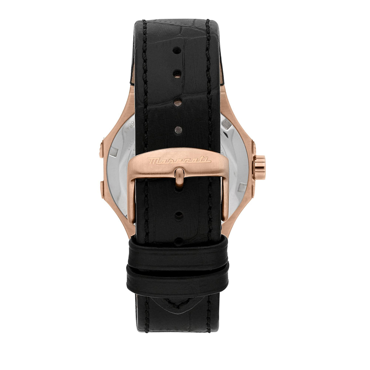 Men's watch back view with black leather strap and rose gold-tone case, clasp details visible.