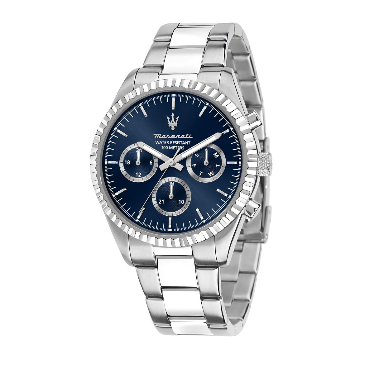 Men's Maserati sport chronograph watch with blue dial and steel link bracelet