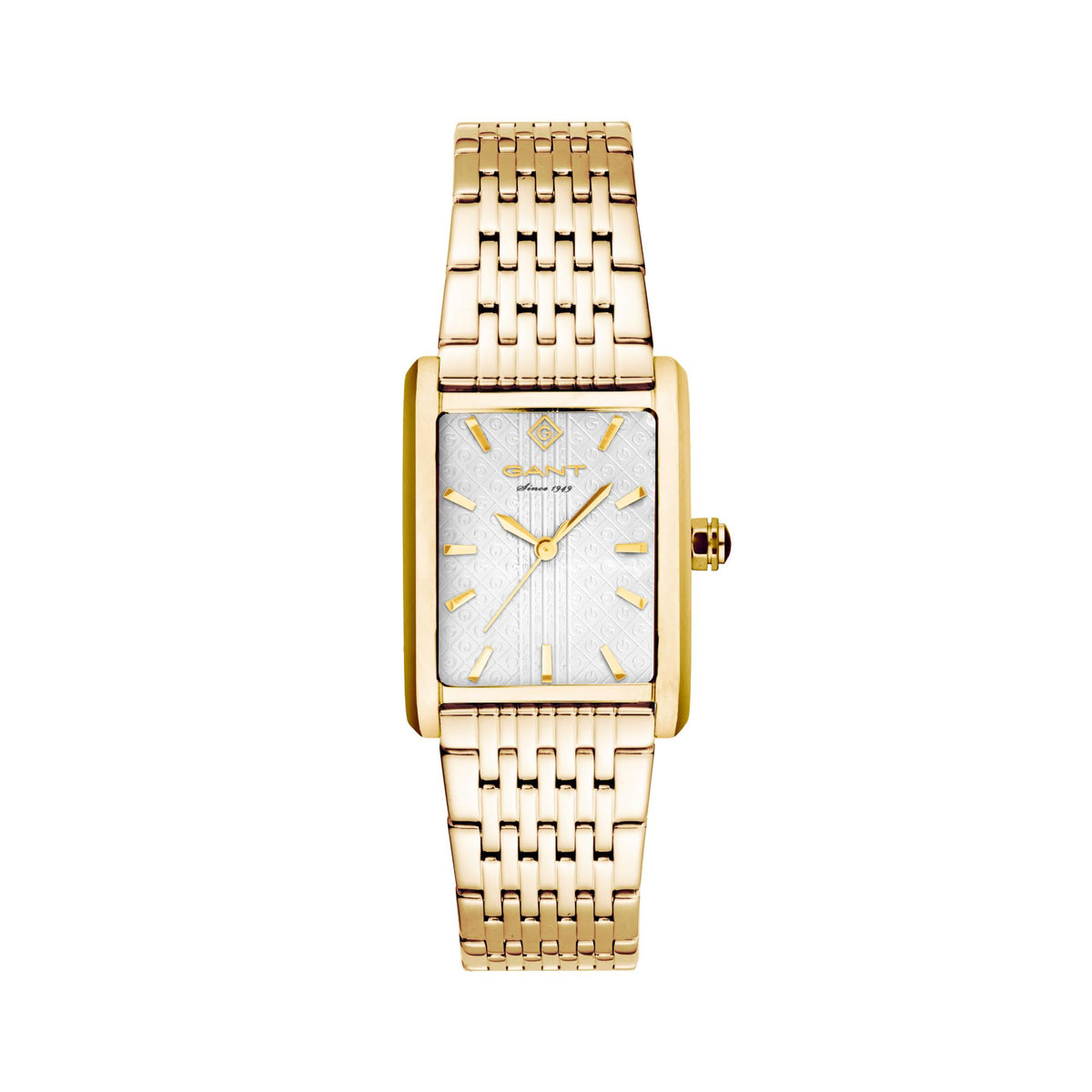 Gold bracelet ladies wristwatch with square case and white dial, gold stick hour markers