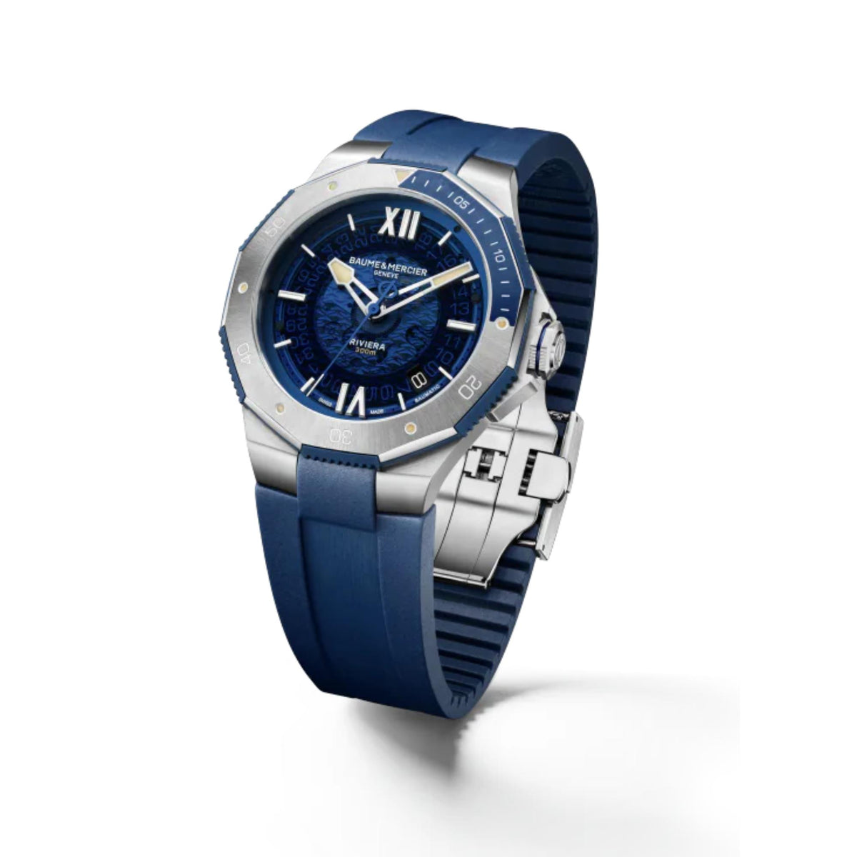 Men's automatic watch side profile with blue dial and blue rubber strap