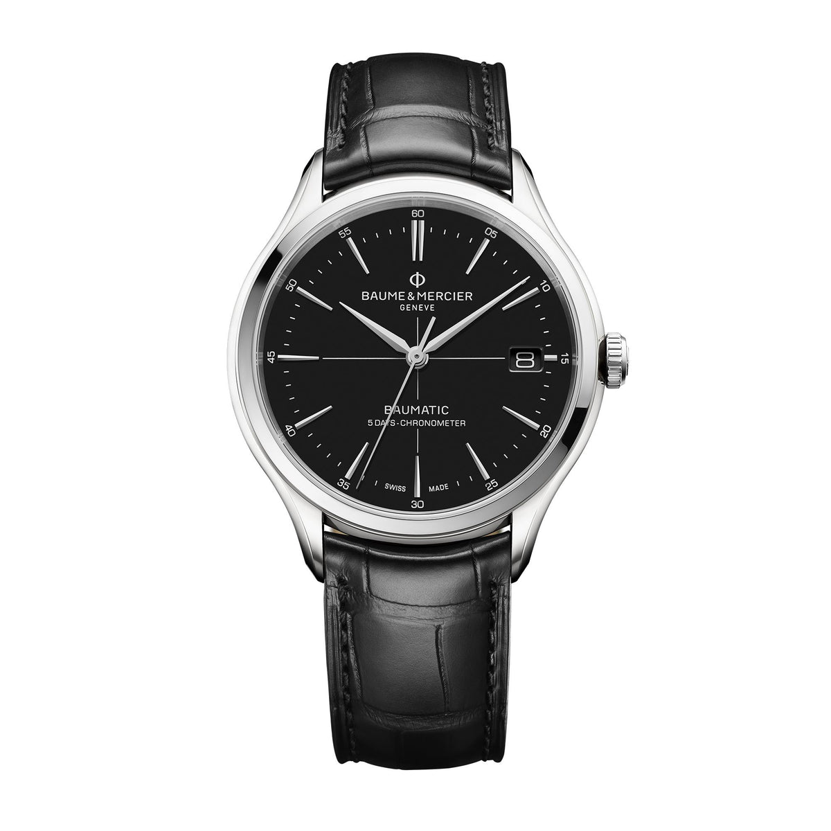 Men's automatic wristwatch front view with black dial, black leather strap, silver case.