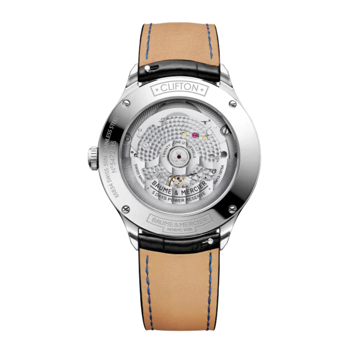 Men's automatic wristwatch see-through back with tan leather strap and silver case.