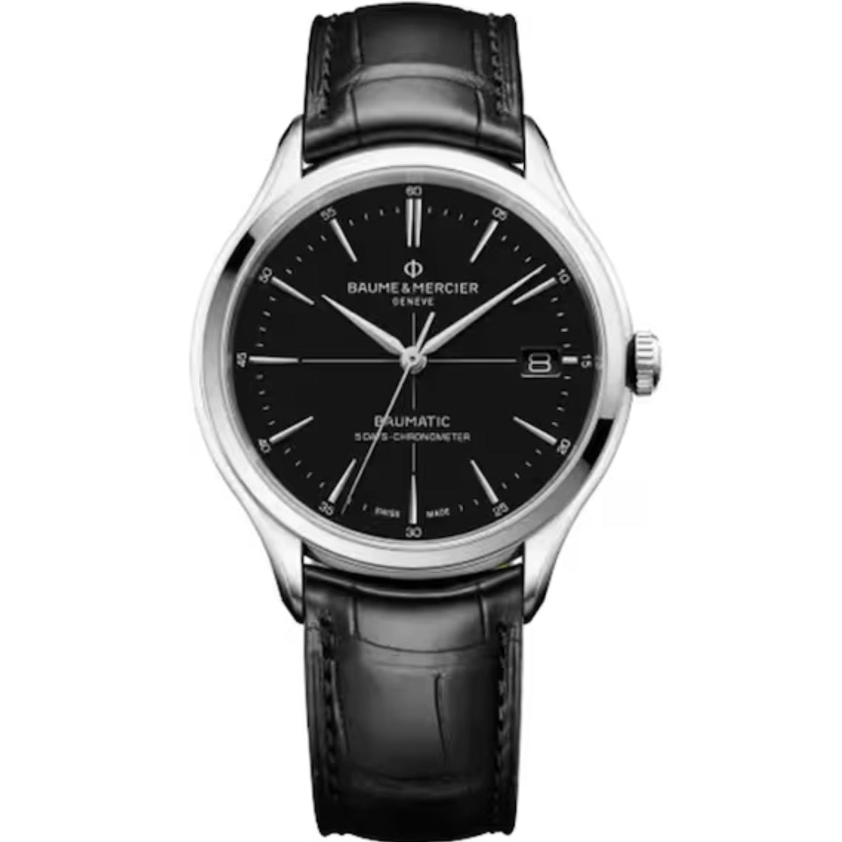 Men's automatic wristwatch front view: black dial with date display, black leather strap.