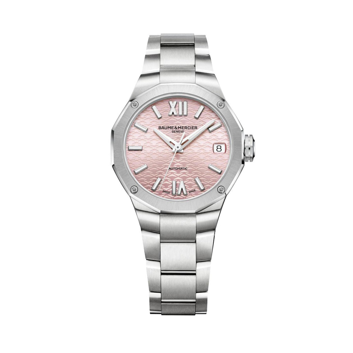 Stainless steel automatic ladies watch with pink dial, Roman numerals, and metal bracelet